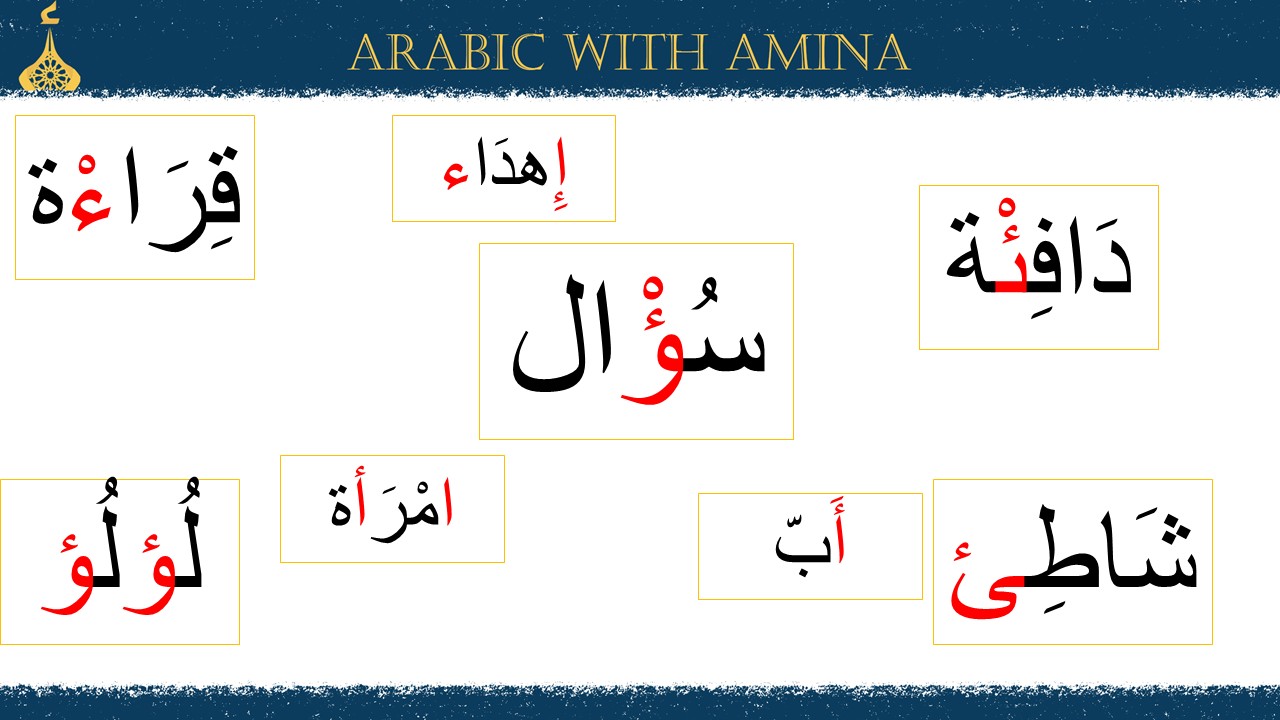Words showing the different ways hamza is written in the middle and end.